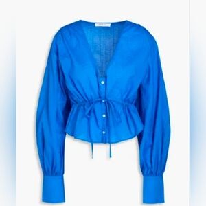 Frame Blue Empire Puff Sleeve V-Neck Blouse